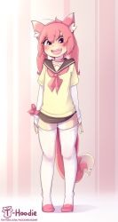 Rule 34 | 1girl, animal ears, artist name, blush, commission, fang, fox ears, fox tail, full body, furry, furry female, highres, long hair, long sleeves, looking at viewer, open mouth, original, pink eyes, pink hair, skirt, smile, smug, solo, t-hoodie, tail, teeth, thighhighs, tongue, twitter username, upper teeth only, white thighhighs