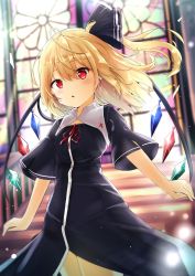 Rule 34 | 1girl, ahoge, alternate costume, black bow, blonde hair, blurry, blurry background, blush, bow, commentary request, cowboy shot, cross, crystal, depth of field, earrings, flandre scarlet, habit, hair bow, highres, indoors, jewelry, light rays, medium hair, neck ribbon, open mouth, red cross, red eyes, red ribbon, renka (cloudsaikou), ribbon, side ponytail, solo, stained glass, stairs, standing, sunbeam, sunlight, touhou, wide sleeves, wings