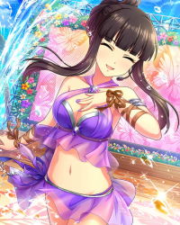Rule 34 | 1girl, alternate hairstyle, artist request, bare shoulders, black hair, blue sky, blunt bangs, breasts, cleavage, closed eyes, collarbone, day, flower, hand on own chest, headset, idolmaster, idolmaster cinderella girls, kurokawa chiaki, long hair, looking at viewer, medium breasts, midriff, nail polish, navel, official art, open mouth, outdoors, purple nails, ribbon, sky, smile, solo, stage, water