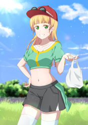 Rule 34 | 1girl, absurdres, bag, baseball cap, blonde hair, blue sky, blunt bangs, breasts, cloud, cowboy shot, crop top, day, eyewear on headwear, grass, green eyes, hand on own hip, hat, heanna sumire, highres, hime cut, hoenn (hoenn17), holding, holding bag, long hair, looking at viewer, love live!, love live! superstar!!, midriff, navel, outdoors, plastic bag, red hat, shorts, sky, smile, solo, straight hair, sunglasses, teeth, thighhighs, white thighhighs