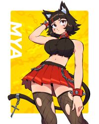 Rule 34 | 1girl, 333 (dqqqdle), animal ears, bracelet, breasts, cat ears, cat girl, cat tail, chain, character name, collar, cross, fishnet thighhighs, fishnets, highres, jewelry, large breasts, midriff, navel, original, skirt, solo, spiked bracelet, spikes, tail, tail ornament, thighhighs