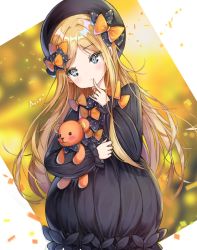 Rule 34 | 1girl, abigail williams (fate), arin (wda4167), artist name, black bow, black dress, black hat, blonde hair, blue eyes, blush, blush stickers, bow, bug, butterfly, closed mouth, commentary request, dress, fate/grand order, fate (series), finger to mouth, fingernails, hair bow, hat, head tilt, hugging object, insect, long hair, long sleeves, looking at viewer, orange bow, parted bangs, polka dot, polka dot bow, solo, stuffed animal, stuffed toy, teddy bear, very long hair