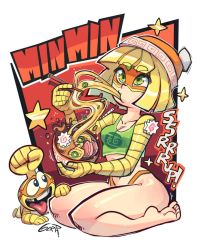 Rule 34 | 1boy, 1girl, arms (game), artist name, bare legs, bare shoulders, barefoot, biff (arms), blonde hair, bobblehat, breasts, chopsticks, cleavage, collarbone, eating, food, gerph, green shirt, hat, highleg, highleg panties, holding, holding chopsticks, holding food, looking at another, lying, mask, meat, min min (arms), missing tooth, motion lines, navel, nintendo, noodles, orange panties, panties, red background, seiza, shiny clothes, shiny skin, shirt, short hair, short shirt, sitting, sleeveless, sound effects, star (symbol), surprised, teeth, text focus, thick eyebrows, thick thighs, thighs, tongue, tongue out, underwear, white background
