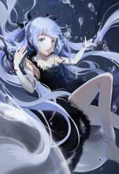 Rule 34 | 1girl, absurdres, anklet, barefoot, black dress, black ribbon, blue eyes, blue hair, breasts, bubble, chain, cleavage, collarbone, cr, dress, floating hair, hair ribbon, hatsune miku, highres, jewelry, long hair, neck ribbon, open mouth, ribbon, shinkai shoujo (vocaloid), sideboob, sleeveless, sleeveless dress, small breasts, solo, underwater, very long hair, vocaloid