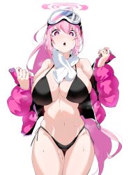 Rule 34 | 1girl, absurdres, bikini, black bikini, blue archive, blush, breasts, eimi (blue archive), eimi (swimsuit) (blue archive), goggles, goggles on head, groin, halo, highres, jacket, large breasts, long hair, looking at viewer, navel, off shoulder, open mouth, pink hair, pink jacket, plentyofempty, purple eyes, scarf, side-tie bikini bottom, ski goggles, solo, sweat, swimsuit, very long hair, white scarf
