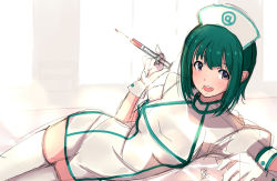 Rule 34 | 1girl, cosplay, dated, gloves, green hair, hat, idolmaster, idolmaster (classic), looking at viewer, lying, mistrail, mole, mole under mouth, nurse, nurse cap, on side, open mouth, otonashi kotori, puffy short sleeves, puffy sleeves, red eyes, round teeth, short hair, short sleeves, solo, syringe, teeth, thighhighs, white gloves, white thighhighs, zettai ryouiki