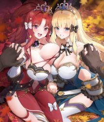 Rule 34 | 1boy, 2girls, akino (princess connect!), bare shoulders, black bow, blonde hair, blue dress, blue eyes, blush, bow, breast press, breasts, brooch, brown gloves, cleavage, dress, elf, gloves, grin, hair bow, highres, holding hands, huge breasts, jewelry, large breasts, long hair, looking at viewer, multiple girls, open mouth, parted bangs, pointy ears, ponytail, pov, pov hands, princess connect!, purple eyes, red dress, red hair, saren (princess connect!), sidelocks, sitting, smile, sparkle, thighhighs, thighs, tiara, unaligned breasts, white bow, white legwear, xiujia yihuizi, yuuki (princess connect!)