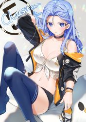 Rule 34 | 1girl, adapted costume, arm behind head, arm up, bare shoulders, black choker, black jacket, black shorts, blue eyes, blue hair, blue thighhighs, borrowed character, breasts, choker, cleavage, closed mouth, collarbone, commission, crop top, front-tie top, frown, high tops, hu kotora, jacket, knees up, large breasts, long hair, long sleeves, looking at viewer, micro shorts, midriff, bae minah (chaesu), nail polish, navel, off shoulder, open clothes, open jacket, original, parted bangs, shirt, unworn shoe, shoes, unworn shoes, shorts, sitting, skeb commission, sleeveless, sleeveless shirt, sneakers, solo, stomach, thighhighs, thighs, v-shaped eyebrows, white shirt, wristband