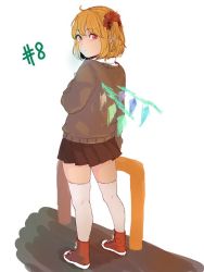 Rule 34 | 1girl, alternate costume, blonde hair, brown skirt, cardigan, commentary request, contemporary, flandre scarlet, full body, looking at viewer, looking back, miniskirt, omizu chihiro, pleated skirt, pointy ears, red eyes, red footwear, school uniform, shoes, skirt, sneakers, solo, standing, thighhighs, touhou, white thighhighs, wings