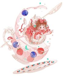 Rule 34 | 1girl, ahoge, apron, artist name, blueberry, bow, bow legwear, bowtie, braid, brown hair, chibi, circle skirt, cup, dress, floral print, food, frilled apron, frilled dress, frills, fruit, hair bow, hair ribbon, in container, in cup, jing (a shui chenmi xiaoshuo), lace-trimmed bow, lace trim, long hair, long sleeves, medium dress, mini person, minigirl, original, outstretched arms, pantyhose, plaid, plaid bow, plaid bowtie, puffy long sleeves, puffy sleeves, red bow, red bowtie, red dress, red footwear, red ribbon, red sleeves, ribbon, saucer, shoes, simple background, solo, source request, spilling, strawberry, striped, striped bow, teacup, teaspoon, third-party source, twin braids, two-tone sleeves, waist apron, white apron, white background, white pantyhose, white sleeves