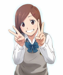 Rule 34 | 1girl, arms up, bow, bowtie, brown eyes, brown hair, double v, grin, hair ornament, hairclip, kagero (plusup), original, school uniform, serafuku, smile, solo, sweater vest, v, vest, white background