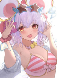 Rule 34 | 1girl, animal ears, asaikeu, bikini, breasts, cleavage, commentary, eyewear on head, fake animal ears, flower, granblue fantasy, hair flower, hair ornament, hairband, hibiscus, highres, looking at viewer, medium breasts, open mouth, simple background, small breasts, solo, star-shaped eyewear, star (symbol), striped bikini, striped clothes, swimsuit, upper body, vikala (blooming summer wallflower) (granblue fantasy), vikala (granblue fantasy), white background