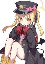 Rule 34 | 1girl, absurdres, ass, black coat, black hat, black tail, black wings, blonde hair, blue archive, blush, boots, breasts, coat, demon tail, demon wings, halo, hat, highres, ibuki (blue archive), long hair, looking at viewer, open clothes, open coat, open mouth, peaked cap, pointy ears, side ponytail, simple background, sleeves past fingers, sleeves past wrists, small breasts, solo, tadashisa, tail, white background, wings, yellow eyes, yellow footwear, yellow halo