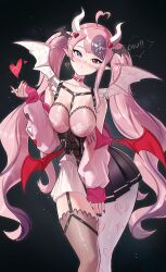 Rule 34 | 1girl, absurdres, black nails, black skirt, black thighhighs, blush, breasts, demon girl, demon horns, demon wings, earrings, hair ornament, head wings, heart, heart earrings, heart hair ornament, heart print, heterochromia, highres, horns, ironmouse, ironmouse (13th costume), jamesloves art, jewelry, large breasts, long hair, looking at viewer, multiple wings, nail polish, pink hair, pink nails, pink shirt, pointy ears, purple eyes, purple hair, red eyes, shirt, single earring, skirt, solo, thighhighs, twintails, virtual youtuber, vshojo, white thighhighs, wings