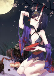Rule 34 | 1girl, alcohol, bare shoulders, blueberry, cherry, collarbone, commentary request, cup, fate/grand order, fate (series), food, fruit, full moon, holding, holding food, horns, hujitaumi, japanese clothes, kimono, moon, night, night sky, off shoulder, oni, open clothes, open kimono, outdoors, petals, print kimono, purple eyes, purple hair, purple kimono, revealing clothes, sakazuki, sake, seiza, short hair, short kimono, shuten douji (fate), shuten douji (first ascension) (fate), sitting, skin-covered horns, sky, solo, spilling, tree