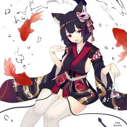 Rule 34 | 1girl, :d, animal ear fluff, animal ears, azur lane, black hair, black kimono, bob cut, breasts, cat ears, cat mask, commentary request, fang, fish, fucodoku, japanese clothes, kimono, large breasts, looking at viewer, mask, mask on head, open mouth, red eyes, short hair, sideboob, simple background, sitting, smile, solo, thighhighs, twitter username, white background, white thighhighs, wide sleeves, yamashiro (azur lane)