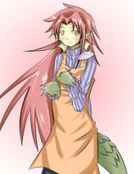 Rule 34 | 1girl, 884449, apron, dragon girl, fins, granberia, long hair, looking at viewer, mon-musu quest!, monster girl, red hair, tattoo, yellow eyes