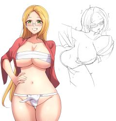 Rule 34 | 1girl, absurdres, bandages, before and after, blonde hair, bouncing breasts, breasts, challengia, collarbone, dolchan, earrings, fundoshi, glasses, green eyes, hand on own hip, happy, highres, japanese clothes, jewelry, large breasts, long hair, looking at viewer, male underwear, mistynight, moaning, navel, nchans, nchans style, sex, simple background, sketch, sweat, sweatdrop, trembling, underwear, wardrobe malfunction, white background