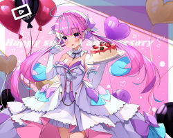 Rule 34 | 1girl, :3, ahoge, alternate costume, anniversary, bad id, bad pixiv id, balloon, bare shoulders, blue hair, blue ribbon, blush, bow, braid, breasts, cake, cleavage, collar, colored inner hair, commentary request, cqingwei, detached collar, dress, drill hair, food, french braid, gloves, hair ribbon, hands up, heart, heart balloon, highres, holding, holding tray, hololive, large bow, long hair, looking at viewer, minato aqua, minato aqua (aqua iro super dream), multicolored hair, purple bow, purple eyes, purple hair, ribbon, smile, solo, strawberry cake, tongue, tongue out, translation request, tray, twin drills, twintails, two-tone hair, v, virtual youtuber, white collar, white dress, white gloves, youtube logo