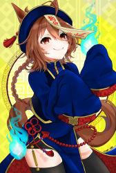 Rule 34 | agnes tachyon (umamusume), alternate costume, alternate hairstyle, animal ears, black thighhighs, black vest, blush, braid, brown eyes, brown hair, chinese clothes, cocoacoah, dress, hat, highres, hitodama, horse ears, horse girl, horse tail, jiangshi, looking at viewer, ofuda, outstretched arms, purple dress, purple hat, qingdai guanmao, single braid, sleeves past fingers, sleeves past wrists, smile, tail, talisman, tassel, thighhighs, umamusume, vest, zombie pose
