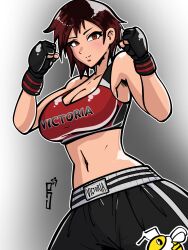Rule 34 | 1girl, bare shoulders, breasts, crop top, dead or alive, fighting stance, fingerless gloves, gloves, highres, large breasts, mila (doa), paddy g (terrybrogard), red hair, short hair, shorts, sleeveless