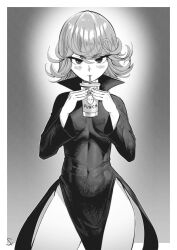 Rule 34 | 1girl, absurdres, blush, breasts, covered navel, cup, curly hair, disposable cup, dress, drinking, drinking straw, greyscale, highres, holding, holding cup, looking at viewer, medium hair, monochrome, one-punch man, saitama (one-punch man), side slit, small breasts, solo, speedl00ver, tatsumaki, thick thighs, thighs, wide hips