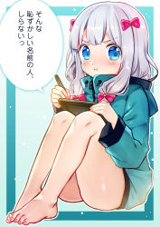 Rule 34 | &gt;:i, 10s, 1girl, :i, ass, bad id, bad pixiv id, barefoot, blue eyes, blush, clarinet (natsumi3230), closed mouth, commentary, drawing tablet, eromanga sensei, feet, feet together, grey hair, holding, izumi sagiri, jacket, knees up, kurata rine, legs together, long hair, looking at viewer, pout, sitting, solo, speech bubble, stylus, toes, translated, v-shaped eyebrows