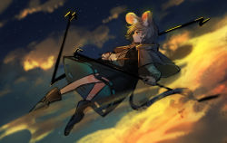 Rule 34 | 1girl, animal ear fluff, animal ears, black footwear, capelet, closed mouth, dowsing rod, dress, flying, from side, full body, grey dress, grey hair, highres, holding, jewelry, layered clothes, long sleeves, mouse ears, mouse girl, mouse tail, nazrin, outdoors, pendant, rabies 50, red eyes, shirt, shoes, short hair, sky, solo, star (sky), starry sky, tail, touhou, white shirt