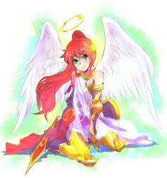 Rule 34 | 1girl, angel wings, boots, commentary, dress, full body, green eyes, halo, iesupa, pyrrha nikos, red hair, rwby, sash, shield, strapless, strapless dress, sword, tiara, weapon, wings