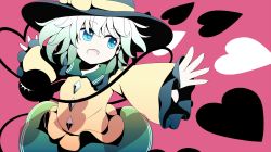 Rule 34 | 1girl, blue eyes, dise (psychoro), hat, heart, highres, komeiji koishi, open mouth, outstretched arms, short hair, simple background, solo, touhou