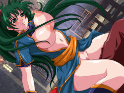 Rule 34 | 1boy, 1girl, artist request, blush, bouncing breasts, breasts, censored, clothed sex, covered erect nipples, dutch angle, fire emblem, fire emblem: the blazing blade, green eyes, green hair, hetero, indoors, large breasts, long hair, lyn (fire emblem), mosaic censoring, nintendo, nipples, no bra, no panties, open clothes, pointless censoring, pointy breasts, ponytail, puffy nipples, pussy, solo focus, straddling