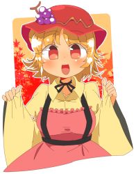Rule 34 | 1girl, :d, aki minoriko, black choker, blush, breasts, choker, clothes grab, collarbone, collared shirt, commentary request, cowboy shot, dress, eyebrows visible through hat, eyelashes, flipped hair, food, frilled dress, frills, fruit, grapes, hands up, hat, ini (inunabe00), large breasts, leaf, leaf background, long sleeves, looking at viewer, maple leaf, open mouth, orange background, orange hair, parted bangs, pink dress, red eyes, red hat, ribbon choker, shirt, short hair, sleeve grab, smile, solo, strap, tareme, touhou, two-tone background, white background, wide sleeves, yellow shirt