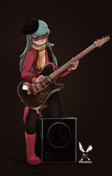 Rule 34 | 1girl, absurdres, amplifier, aqua hair, beret, black hat, black pantyhose, boots, closed eyes, electric guitar, guitar, hat, highres, hilda (hilda), hilda (series), holding, holding instrument, instrument, konan saurus, light blush, long hair, music, pantyhose, playing instrument, red footwear, red pullover, scarf, signature, simple background, smile, solo, sticker