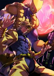Rule 34 | 2boys, abs, bad id, bad twitter id, blonde hair, bodysuit, closed mouth, commentary request, dio brando, earrings, fingernails, full moon, headband, heart, highres, jacket, jewelry, jojo no kimyou na bouken, kotatsu (g-rough), long sleeves, male focus, moon, multiple boys, night, outdoors, outstretched arms, pants, red moon, smirk, spread arms, stand (jojo), stardust crusaders, the world, yellow eyes, yellow jacket, yellow pants