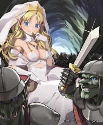 Rule 34 | 10s, 1girl, armor, army, bad id, bad pixiv id, blonde hair, blue eyes, blush, breasts, cleavage, colored eyelashes, crown, dress, gloves, goblin, goblin princess (shingeki no bahamut), jewelry, knight, len (a-7), long hair, looking at viewer, monster, necklace, pointy ears, queen, shingeki no bahamut, sitting, smile, soldier, sword, tiara, veil, weapon, white dress, white gloves