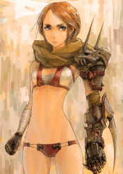 Rule 34 | 1girl, armor, bandaged wrist, bandages, brown hair, cyborg, face, flat chest, gloves, highres, igau, mechanical arms, mechanical hands, midriff, no navel, original, panties, pauldrons, scarf, serious, shoulder armor, shoulder pads, single mechanical arm, solo, underwear, weapon