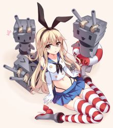 Rule 34 | 10s, 1girl, blonde hair, brown eyes, elbow gloves, gloves, hairband, innertube, kantai collection, long hair, pinkori, rensouhou-chan, shimakaze (kancolle), sitting, striped clothes, striped thighhighs, swim ring, thighhighs