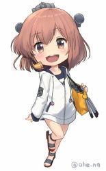 Rule 34 | 1girl, ahenn, bag, blush, brown eyes, brown hair, chibi, commentary request, full body, headgear, jacket, kantai collection, long sleeves, looking at viewer, name tag, open mouth, sandals, short hair, shoulder bag, simple background, smile, solo, speaking tube headset, swimsuit, torpedo, twitter username, white background, yukikaze (kancolle)