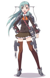 Rule 34 | 10s, 1girl, anti-aircraft, anti-aircraft gun, aqua eyes, aqua hair, ascot, breasts, cannon, full body, hair ornament, hairclip, jacket, kantai collection, kotentsu, loafers, long hair, open mouth, pleated skirt, school uniform, shoes, skirt, small breasts, smile, solo, suzuya (kancolle), thighhighs, turret