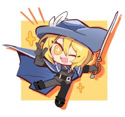 Rule 34 | 1girl, black gloves, black jacket, black pants, blonde hair, blue cape, blue headwear, blue necktie, cape, chibi, don quixote (project moon), gloves, hand up, hat feather, highres, holding, holding sword, holding weapon, jacket, limbus company, long sleeves, necktie, one eye closed, open mouth, orange background, pants, project moon, rapier, smile, solo, south ac, sparkling eyes, sword, two-tone background, weapon, white background, yellow eyes