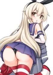 Rule 34 | 1girl, animal ears, ass, black panties, blonde hair, blue sailor collar, blue skirt, blush, breasts, elbow gloves, fake animal ears, foot up, from behind, gloves, hair between eyes, highres, kantai collection, kinomiki nobori, long hair, looking at viewer, looking back, miniskirt, one-hour drawing challenge, panties, parted lips, pleated skirt, rabbit ears, red thighhighs, sailor collar, shimakaze (kancolle), shirt, simple background, skirt, sleeveless, sleeveless shirt, small breasts, solo, striped clothes, striped thighhighs, thighhighs, underwear, very long hair, white background, white gloves, white shirt, yellow eyes