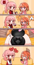Rule 34 | 2girls, 4koma, ?, absurdres, airpods, blush, chibi, comic, couple, earbuds, earbuds charging case, earphones, earrings, feather earrings, feathers, gradient hair, highres, holding, hololive, hololive english, jewelry, long hair, mori calliope, multicolored hair, multiple girls, orange hair, pink hair, purple eyes, red eyes, smile, spoken question mark, takanashi kiara, tera (trs82341711), virtual youtuber, wireless, wireless earphones, yuri