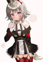 Rule 34 | 1girl, animal ears, black jacket, blush, breasts, brown background, closed mouth, commentary request, curren chan (umamusume), dress, gloves, gradient background, grey hair, hand up, highres, horse ears, horse girl, horse tail, index finger raised, jacket, kubong, long sleeves, looking at viewer, medium breasts, off-shoulder jacket, off shoulder, purple eyes, red thighhighs, sleeveless, sleeveless dress, smile, solo, striped clothes, striped dress, tail, thighhighs, umamusume, vertical-striped clothes, vertical-striped dress, white background, white dress, white gloves