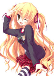 Rule 34 | 10s, 1girl, ;d, blonde hair, blush, breasts, casual, hair ribbon, long hair, one eye closed, open mouth, papa no iu koto wo kikinasai!, plaid, plaid skirt, pom pom (clothes), ribbon, simple background, skirt, small breasts, smile, solo, striped clothes, striped thighhighs, suien, takanashi miu, thighhighs, two side up, v, very long hair, white background, wink, yellow eyes, zettai ryouiki