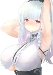 Rule 34 | 1girl, armpits, arms behind head, azur lane, blue hair, breasts, dido (azur lane), hairband, highres, kisaki (strange s k), large breasts, long hair, looking at viewer, purple eyes, simple background, solo, white background