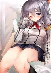 Rule 34 | 10s, 1girl, bad id, bad twitter id, beret, blue eyes, breasts, commentary request, epaulettes, frilled sleeves, frills, gloves, hat, highres, kantai collection, kashima (kancolle), long hair, looking at viewer, military, military uniform, one eye closed, rouka (akatyann), silver hair, solo, twintails, uniform, wavy hair, white gloves