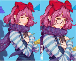 Rule 34 | 1girl, bow, closed mouth, glasses, green eyes, hair bow, hairband, large bow, lips, long sleeves, looking at viewer, magion02, multiple views, no eyewear, original, overalls, paper airplane, pink hair, purple scarf, red-framed eyewear, red hairband, red lips, scarf, shirt, short hair, striped clothes, striped shirt, upper body, variations