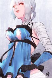 1girl abeinoddword bandaged_arm bandaged_neck bandages black_gloves braid braided_hair_rings breasts commentary_request gloves grey_background hair_rings highres kaine_(nier) large_breasts lingerie long_hair looking_at_viewer negligee nier nier_(series) signature solo standing underwear watermark white_hair yellow_eyes