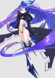 Rule 34 | 10s, armor, armored boots, black coat, blue ribbon, boots, coat, crotch plate, fate/extra, fate/extra ccc, fate/grand order, fate (series), hair ribbon, juliet sleeves, long hair, long sleeves, meltryllis (fate), navel, puffy sleeves, purple hair, ribbon, sleeves past wrists, solo, spikes, very long hair, ya99ru