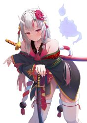 Rule 34 | 1girl, absurdres, bare shoulders, bell, black kimono, closed mouth, commentary request, crossed arms, double bun, grey hair, hair bell, hair bun, hair ornament, hand on hilt, highres, hololive, horns, japanese clothes, karma (nakiri ayame), kimono, kouhaku nawa, leaning forward, long hair, looking at viewer, mask, mask on head, multicolored hair, nakiri ayame, nakiri ayame (1st costume), off shoulder, oimo imoya, oni, oni mask, planted, planted sword, planted weapon, red eyes, red hair, red kimono, rope, sheath, sheathed, shimenawa, shiranui (nakiri ayame), short kimono, skin-covered horns, sleeveless, sleeveless kimono, solo, streaked hair, sword, thighhighs, virtual youtuber, weapon, white background, white thighhighs, wide sleeves